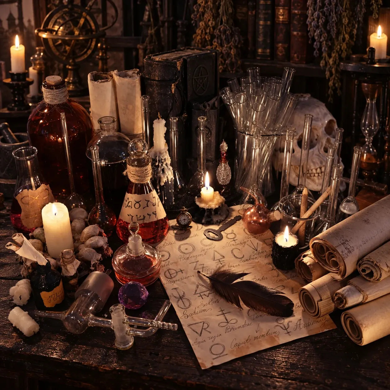 Candlelit potion laboratory and spellwork table