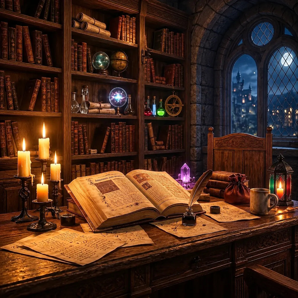 Moonlit fantasy library and writing desk