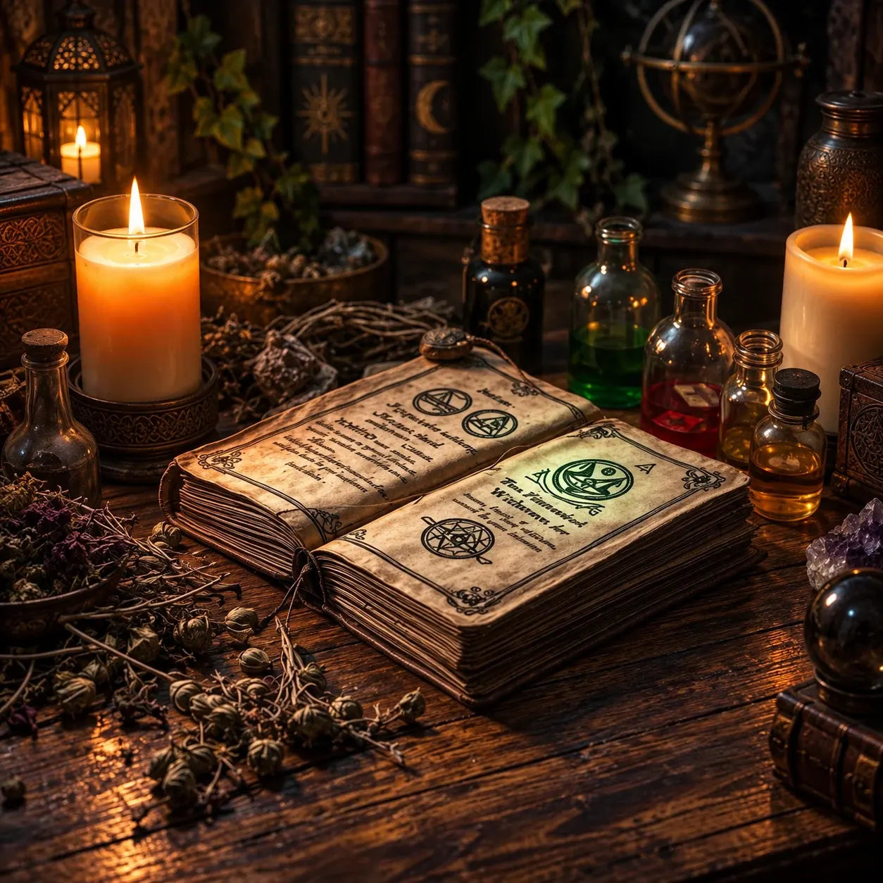 Candlelit spellbook and potion workspace