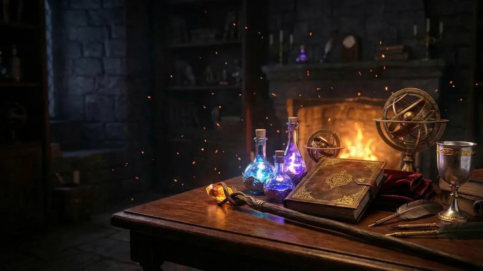 Magical fantasy study with glowing collectibles